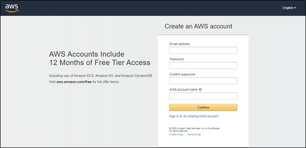 Sign UP page for creating an AWS Account