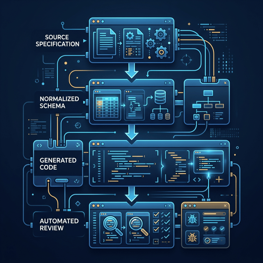 SOURCE SPECIFICATION, NORMALIZED SCHEMA, GENERATED CODE, and AUTOMATED REVIEW workflow